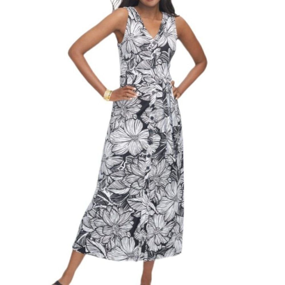 New Talbots Floral Maxi Dress‎ Sz Petites PXL Black White Floral Stretch Resort